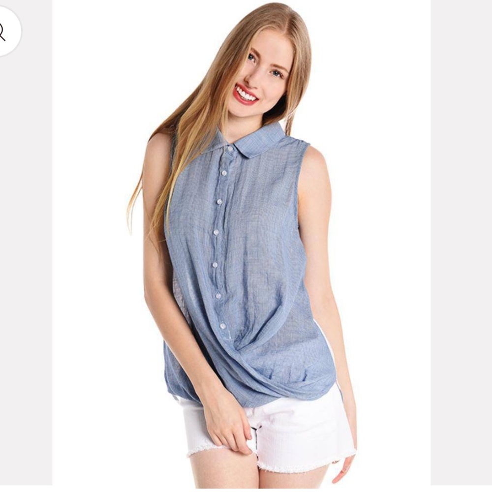 Anthropologie THML-M-blue-sleepless button up twist, striped in back, top/blouse - Picture 2 of 11